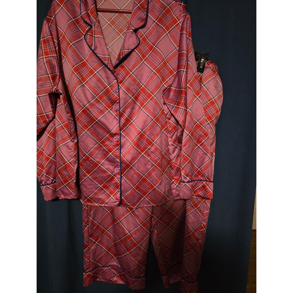 The Pioneer Woman Pink Red Plaid Satin Pajama Set 2PC Long Sleeve Pants 2X